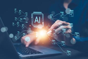 An image of a person typing into a computer with floating images of computer coding. "AI" is the center floating icon. The image represents doing research using AI.
