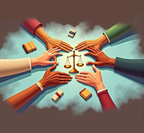 A group of hands reading towards the scale of justice.